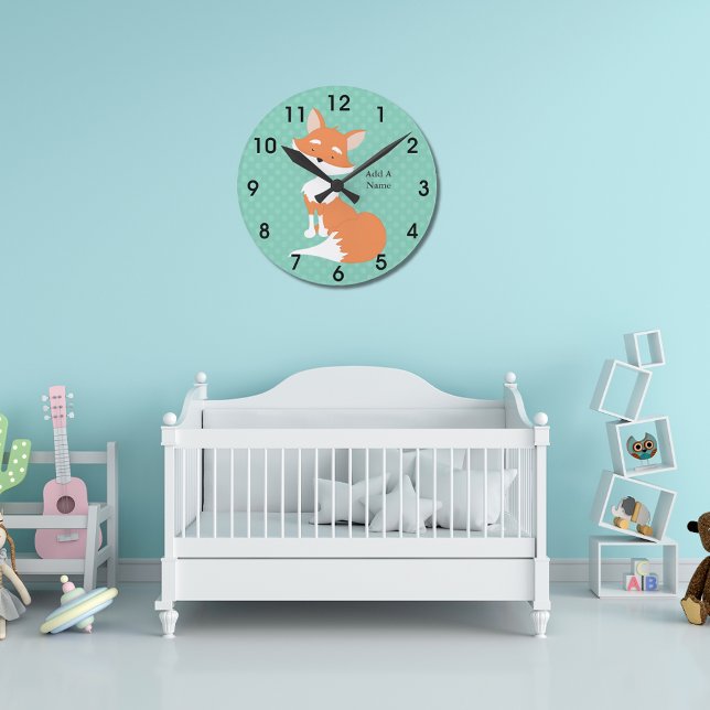 Mint Grönt Polka-Dots ・ Woodland Fox ・ Anpassnings Rund Klocka (Skapare uppladdad)