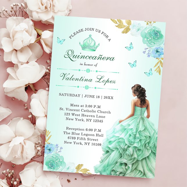 Mint Grönt Princess Dress Quinceañera Birthday Inbjudningar (Skapare uppladdad)