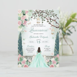 Mint Grönt Princess Enchanted Garden Quinceanera Inbjudningar