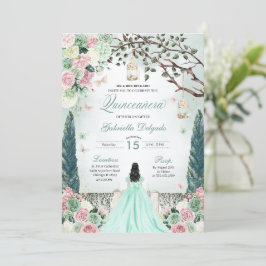 Mint Grönt Princess Enchanted Garden Quinceanera Inbjudningar
