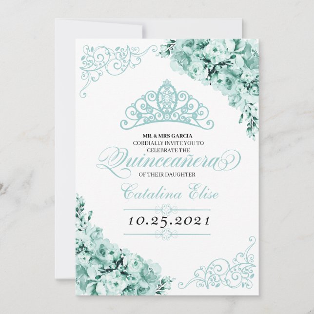 Mint Grönt Princess Krona Quinceanera Birthday Inbjudningar (Framsida)