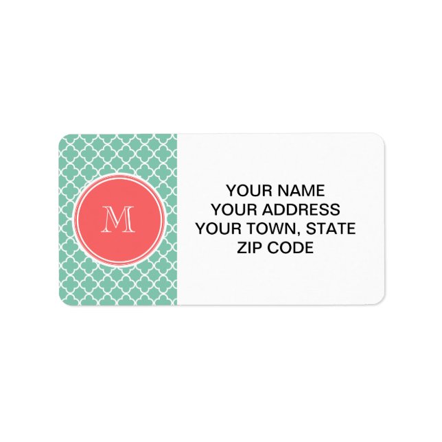 Mint Grönt Quatrefoil Mönster, Coral Monogram Adressetikett (Framsidan)