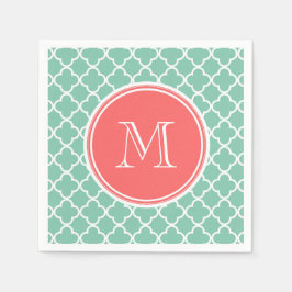 Mint Grönt Quatrefoil Mönster, Coral Monogram Pappersservett