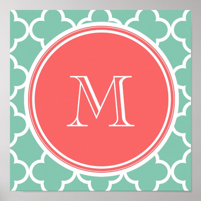 Mint Grönt Quatrefoil Mönster, Coral Monogram Poster (Framsidan)