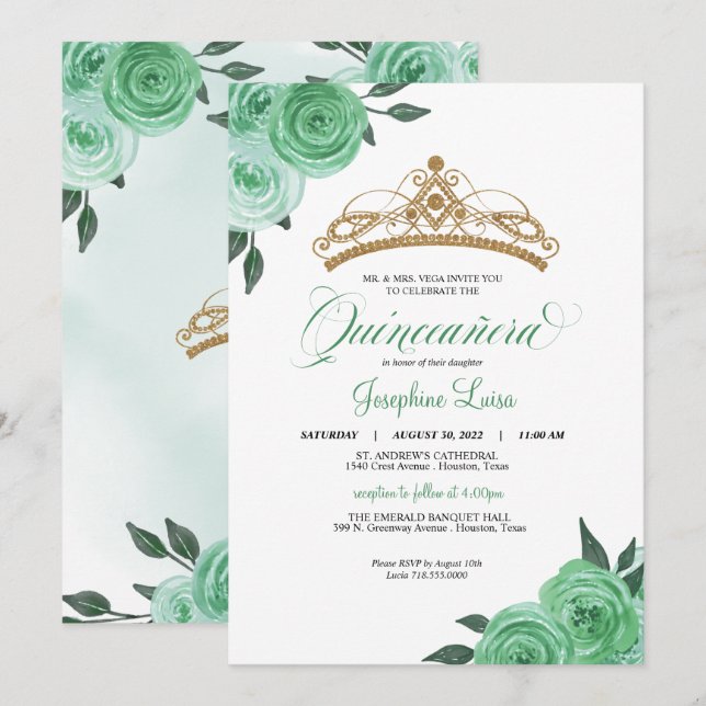 Mint Grönt Ro Golden Tiara Quinceañera Birthday Inbjudningar (Fram/baksida)