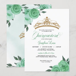 Mint Grönt Ro Golden Tiara Quinceañera Birthday Inbjudningar
