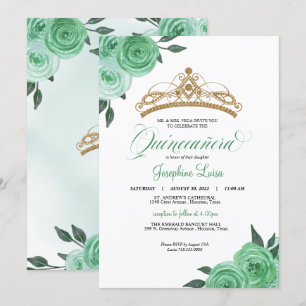 Mint Grönt Ro Golden Tiara Quinceañera Birthday Inbjudningar