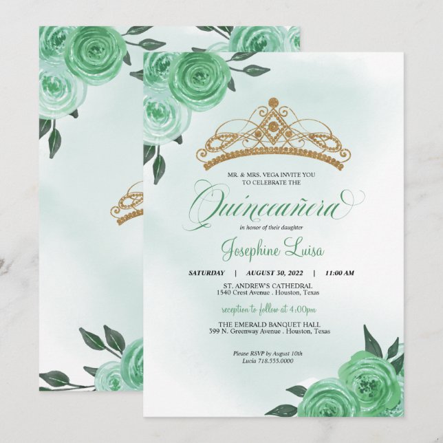 Mint Grönt Ro Golden Tiara Quinceañera Birthday Inbjudningar (Fram/baksida)