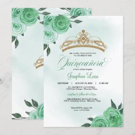 Mint Grönt Ro Golden Tiara Quinceañera Birthday Inbjudningar