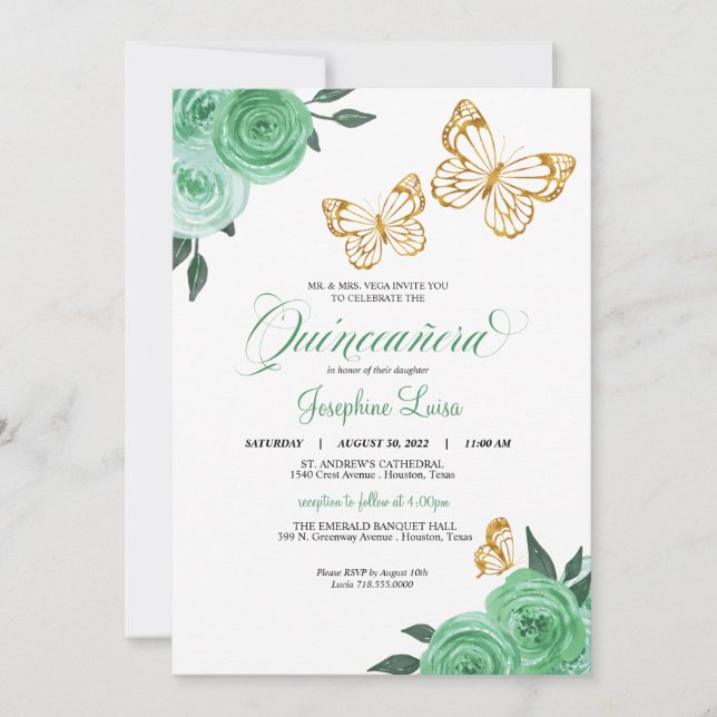 Mint Grönt Ro Guld Butterfly Quinceañera Blommigt Inbjudningar (Framsida)