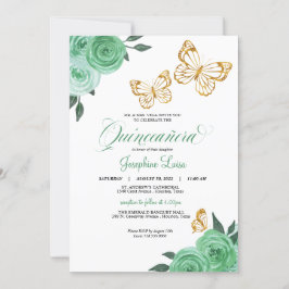 Mint Grönt Ro Guld Butterfly Quinceañera Blommigt Inbjudningar