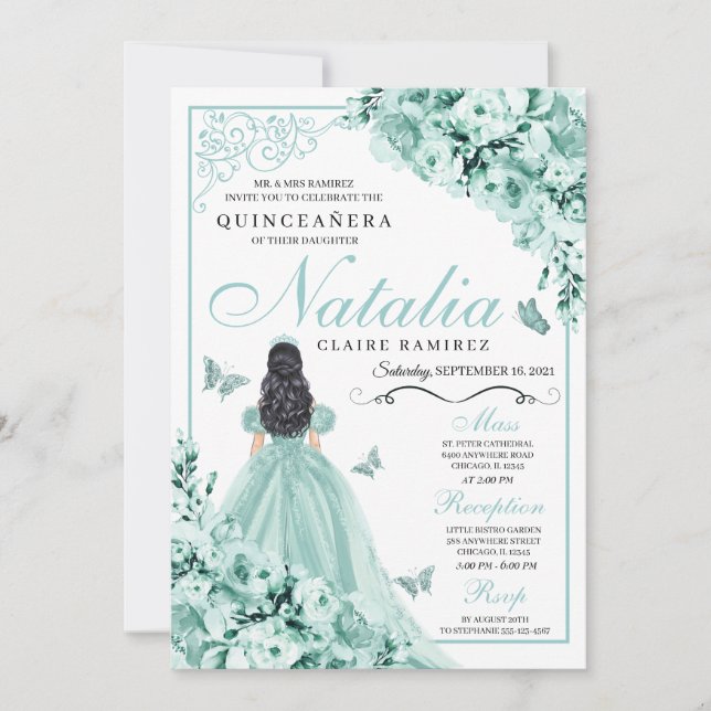 Mint Grönt Ro Princess Dress Quinceanera Inbjudningar (Framsida)
