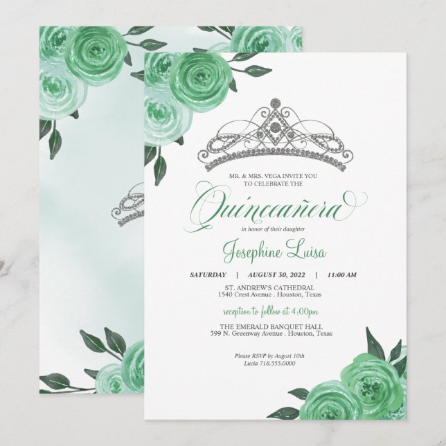 Mint Grönt Ro Silver Tiara Quinceañera Birthday Inbjudningar (Fram/baksida)