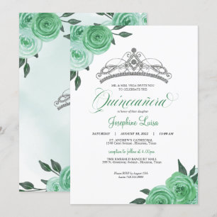 Mint Grönt Ro Silver Tiara Quinceañera Birthday Inbjudningar