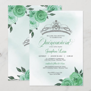 Mint Grönt Ro Silver Tiara Quinceañera Birthday Inbjudningar