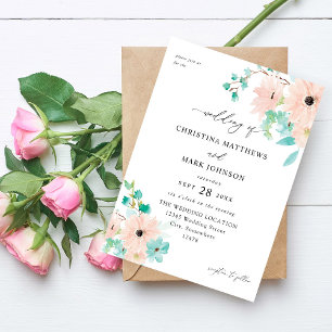 Mint Grönt & Rosa Blommigt Bröllop Inbjudningar