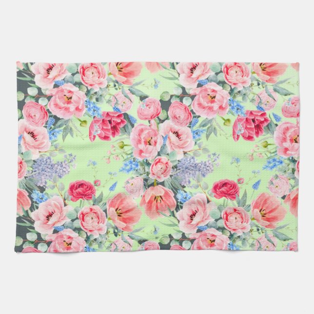Mint Grönt Rosa Blommigt Kitchen Towel Kökshandduk (Horisontell)