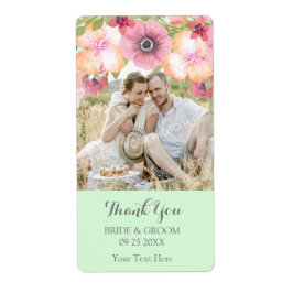 Mint Grönt Rosa Blommigt Photo Bröllop-etikett Fraktsedel