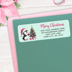 Mint Grönt Rosa God jul Roligt Penguin Modern Returadress Etikett