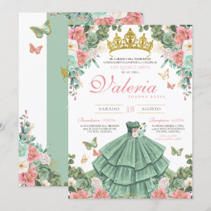 Mint Grönt Rosa Guld Elegant Princess Quinceanera Inbjudningar