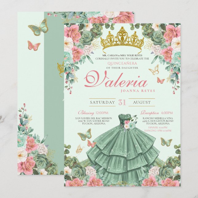 Mint Grönt Rosa ros Butterfly Princess Quince Inbjudningar (Fram/baksida)