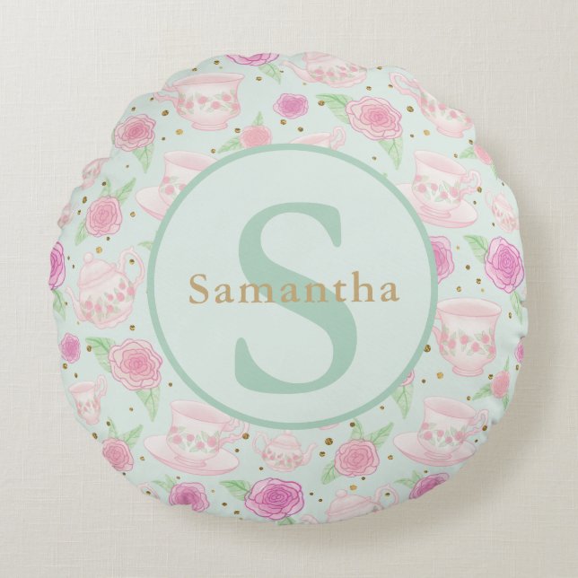 Mint Grönt Rosa Tea Kopp Personlig Monogram Rund Kudde (Framsidan)