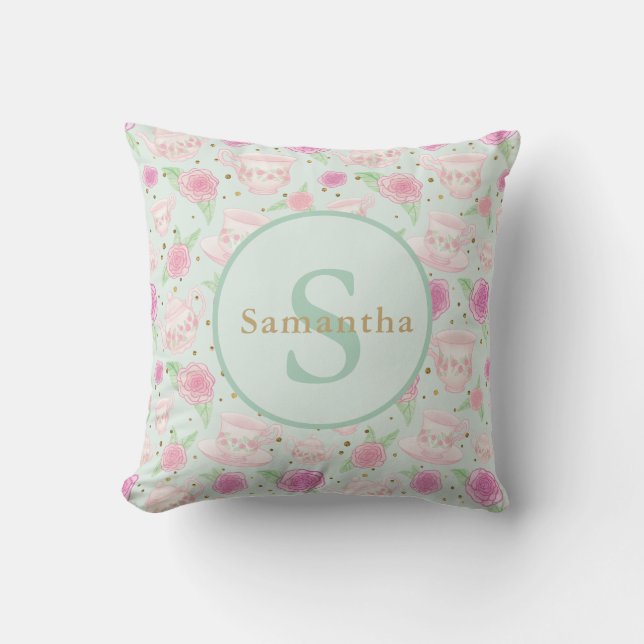 Mint Grönt Rosa Tea Party Personlig Monogram Kudde (Framsida)