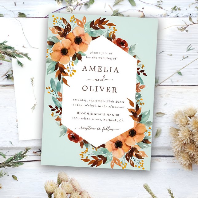 Mint Grönt Rustic Blommigt Watercolor Bröllop Inbjudningar (Skapare uppladdad)