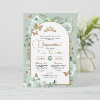 Mint Grönt Sage Blommigt Guld Butterfly Quinceañer Inbjudningar