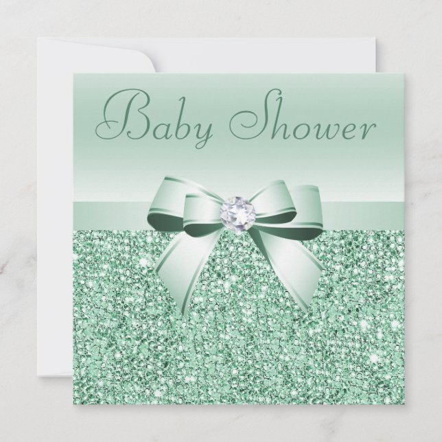 Mint Grönt Sequins, Bow & Diamond Baby Shower Inbjudningar (Framsida)