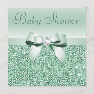 Mint Grönt Sequins, Bow & Diamond Baby Shower Inbjudningar