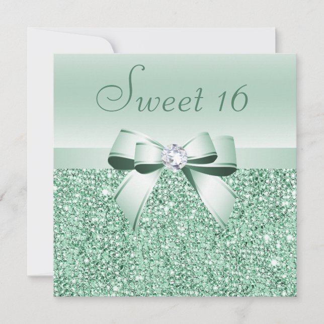 Mint Grönt Sequins, Bow & Diamond Sweet 16 Inbjudningar (Framsida)