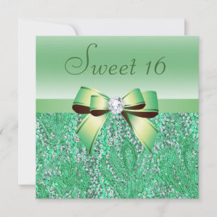 Mint Grönt Sequins, Bow & Diamond Sweet 16 Inbjudningar