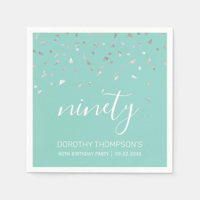 Mint Grönt Silver Confetti 90:e Födelsedagsfest Pappersservett (Framsidan)