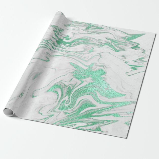 Mint Grönt Silver Grått White Marble Shiny Glam Presentpapper (Utrullad)
