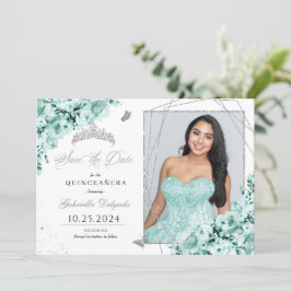 Mint Grönt Silver Quinceañera Spara datumfoto Inbjudningar