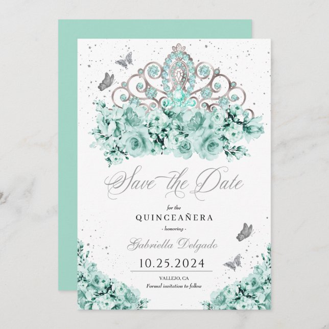 Mint Grönt Silver Tiara sparar datumet Quinceañera Inbjudningar (Fram/baksida)
