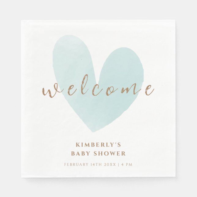 Mint Grönt Simple Heart Welcome Baby Shower Pappersservett (Framsidan)