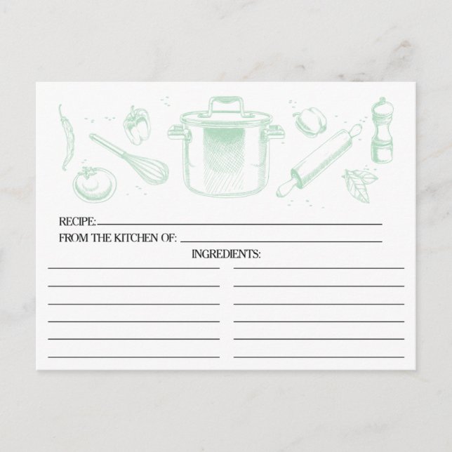 Mint Grönt Sketched Kitchen Verktyg Recipe Cards Vykort (Framsida)