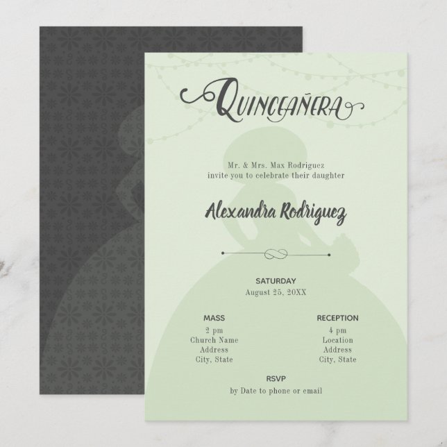 Mint Grönt & Steel Charro Silhouette Quinceanera Inbjudningar (Fram/baksida)