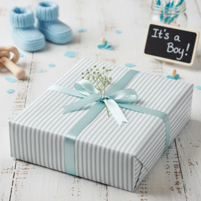 Mint Grönt Stripe Baby Shower Presentpapper (Cute Mint Blue and White Striped Wrapping Paper for Baby Boy Shower. Pinstripe Thin Lines Pattern)