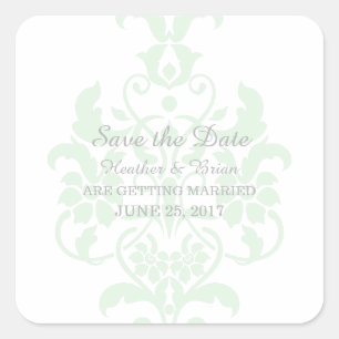Mint Grönt Subtle Damask Save the Date Stickers Fyrkantigt Klistermärke