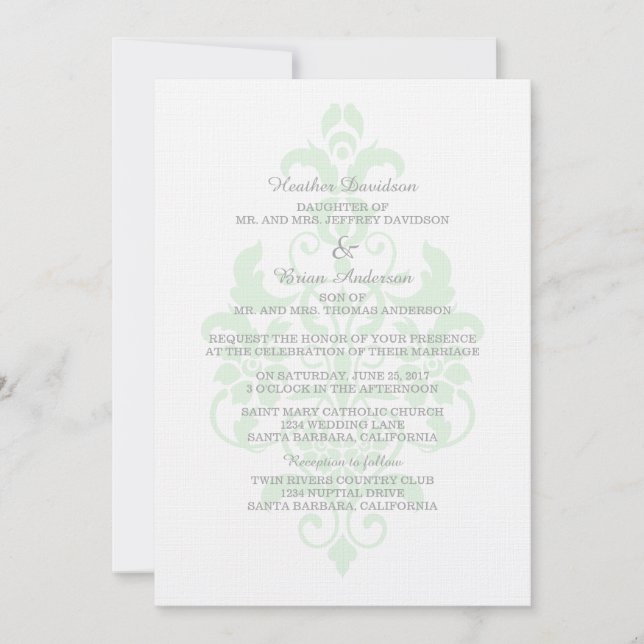 Mint Grönt Subtle Damask Wedding Inbjudan (Framsida)