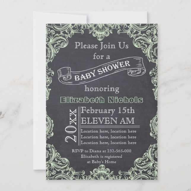 Mint grönt vintage ram & chalkboard babydusch inbjudningar (Framsida)