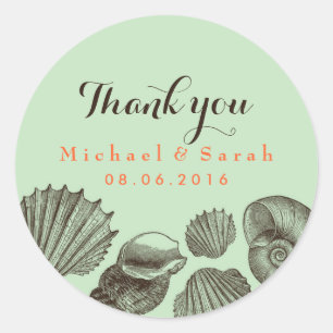 Mint Grönt Vintage Seashells Beach Wedding Sticker Runt Klistermärke
