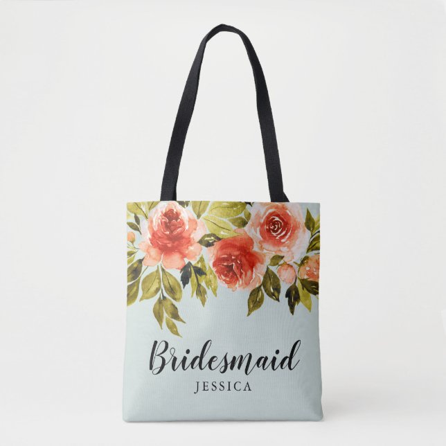 Mint Grönt Watercolor Blommigt Bröllop Bridesmaid Tygkasse (Framsida)