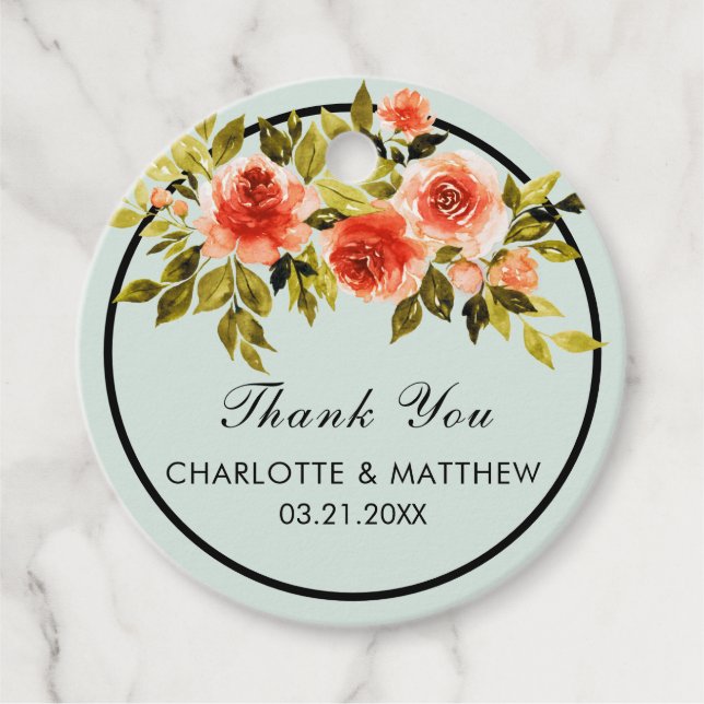 Mint Grönt Watercolor Blommigt Bröllop Tack Gåvor Etiketter (Framsida)