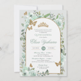 Mint Grönt Watercolor Golden Butterfly Quinceanera Inbjudningar
