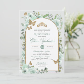 Mint Grönt Watercolor Golden Butterfly Quinceanera Inbjudningar