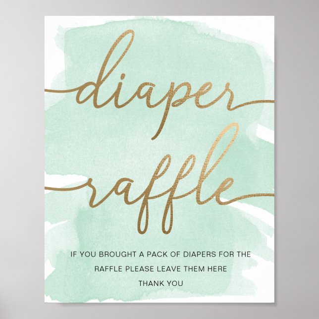 Mint Grönt Watercolor Guld Diaper Raffle Poster (Framsidan)